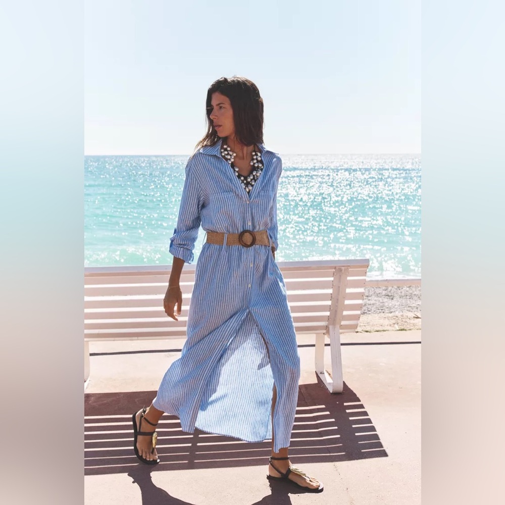 Zara Blue and White Striped Maxi Shirt Dress with Tan Belt